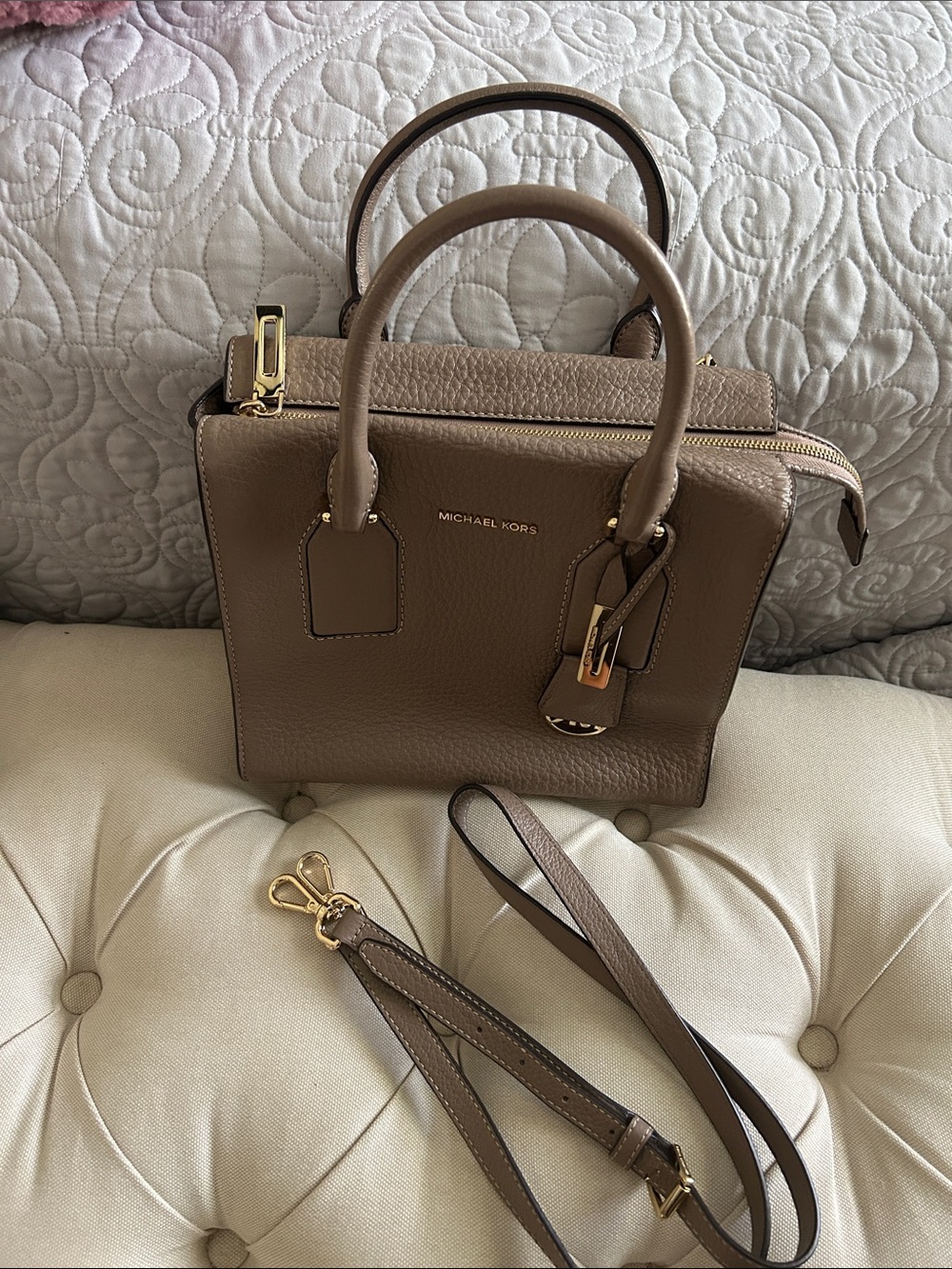 Michael Kors Taupe Pebbled Leather Satchel with Gold Hardware